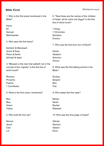 Bible Firsts Bible Trivia Quiz