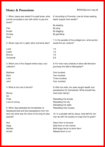 Money and Possessions Bible Trivia Quiz