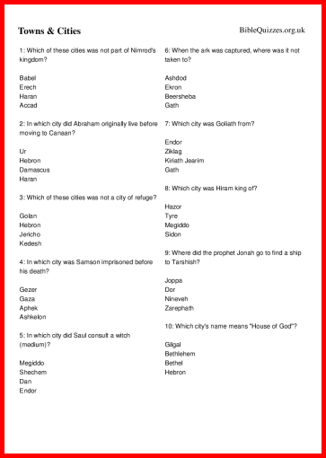 Towns & Cities Bible Trivia Quiz